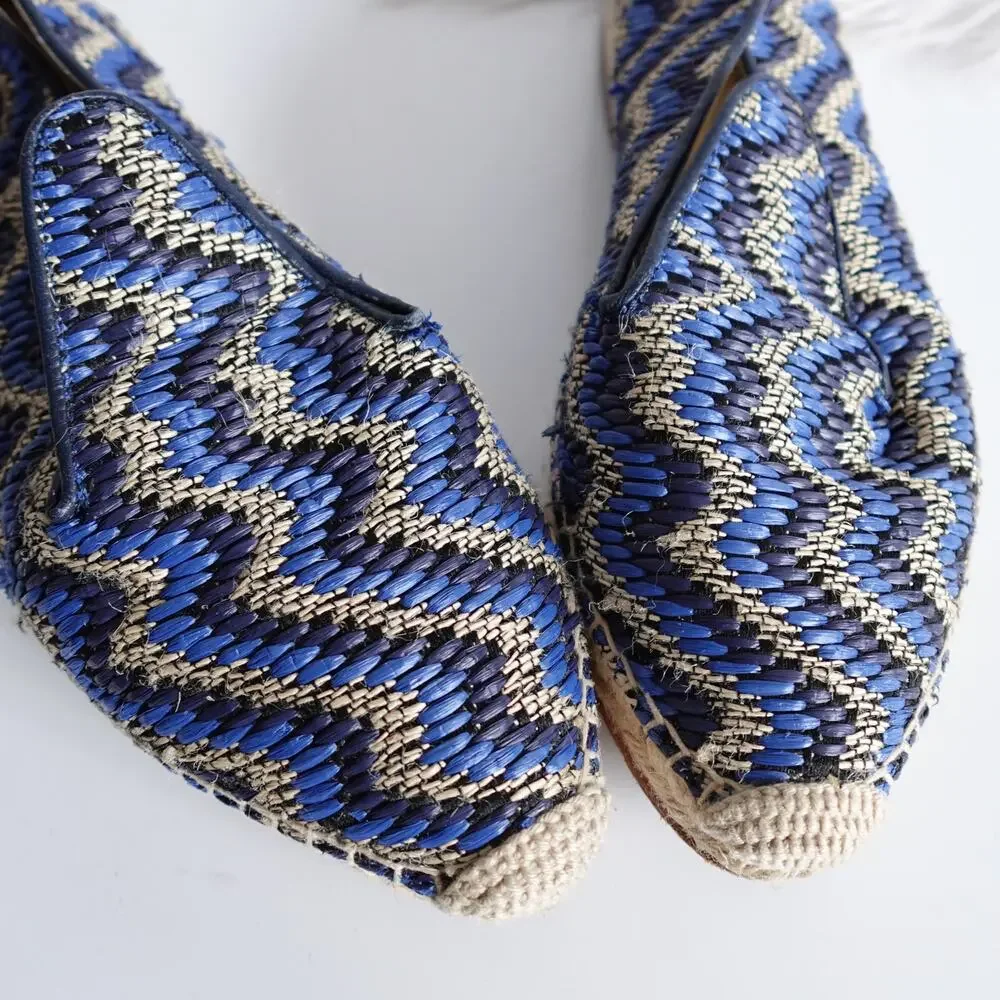 Sarah Flint Andrea Espadrille Loafers Flats Navy Raffia Linen Summer Vacation